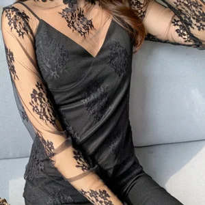 Plus Size Woman Tops 2025 New Fashion Lace Mock Neck Long Sleeve T-Shirt Sexy See Through Sheer Mesh Slim Fit Daily Casual Top