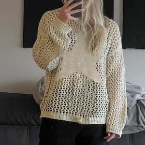 Women's Y2K Sweater 2024 Winter Lazy Solid Color Star Pattern Hollow Out Hoodie Jacket Loose Fit O-Neck Long Sleeve Casual Top