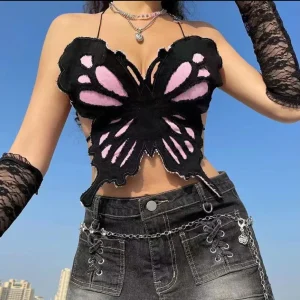 Summer Y2K Tops Woman 2025 Butterfly Pattern Design Tank Top Women's Sexy Girl Backless Hanging Neck Tie Sexy Niche Camisole Top