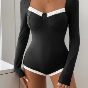 Sexy Bodysuit Women 2025 Spring Fashion Color Blocking Square Neck Long Sleeved Casual Knitted High Elasticity Bodysuit Y2K Tops